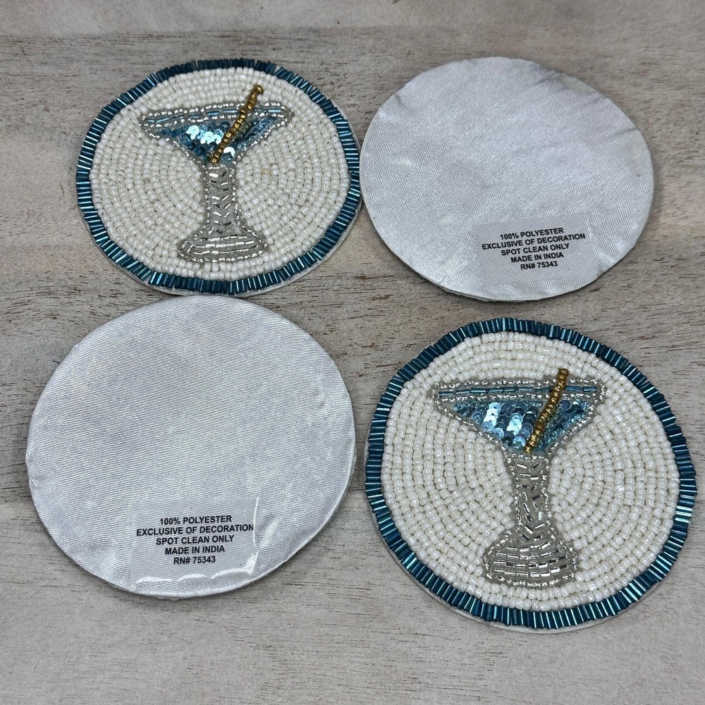 Handmade Beaded Martini Coaster Set Teal White Glass Bead Barware Decor - Picture 4 of 9